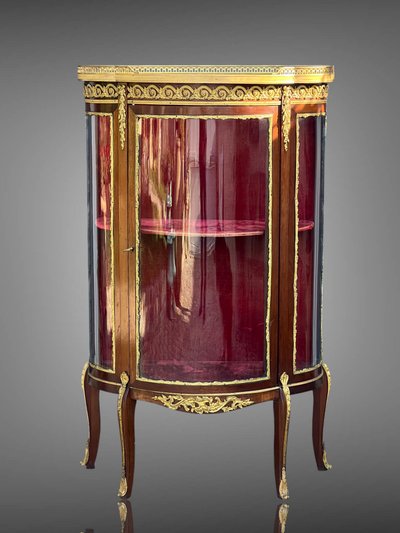 1/2 MOON GLASS CAGE DISPLAY CASE IN MARQUETRY AND BRONZE FROM THE NAPOLEON III PERIOD