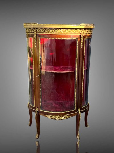 1/2 MOON GLASS CAGE DISPLAY CASE IN MARQUETRY AND BRONZE FROM THE NAPOLEON III PERIOD