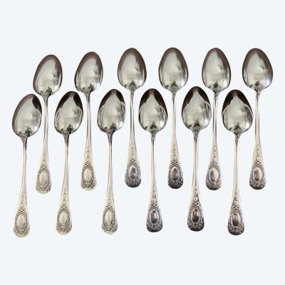 Set of 12 Napoleon III-period "Baguette-Médaillon" silver-plated teaspoons