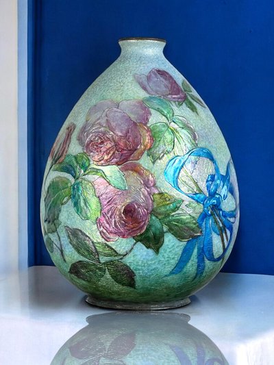 CAMILLE FAURE ( 1874-1956 ) A LIMOGE LARGE OVOID ENAMEL VASE IN LOW RELIEF