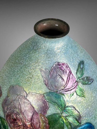 CAMILLE FAURE ( 1874-1956 ) A LIMOGE LARGE OVOID ENAMEL VASE IN LOW RELIEF