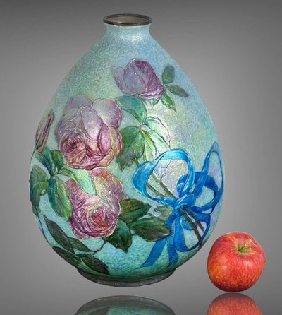 CAMILLE FAURE ( 1874-1956 ) A LIMOGE LARGE OVOID ENAMEL VASE IN LOW RELIEF