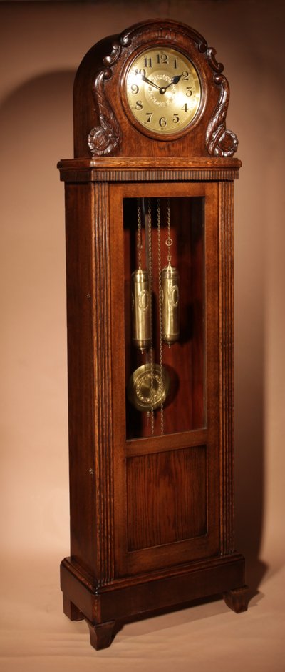  German Art Nouveau / Art Deco Black Forest oak long clock circa 1900-20.