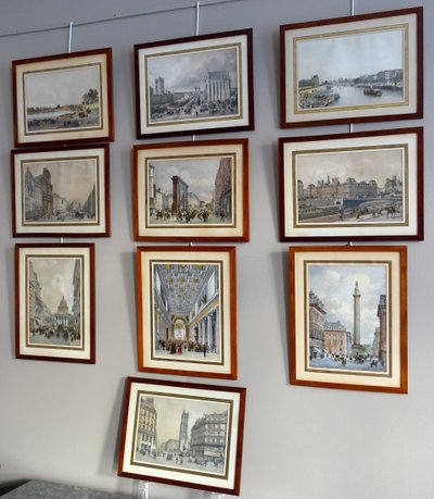 Les monuments de Paris: suite of 10 colorized engravings from the Napoleon III period - mahogany frames