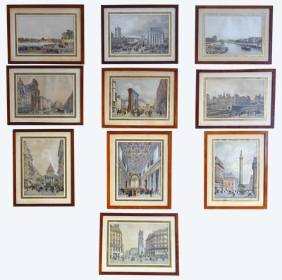 Les monuments de Paris: suite of 10 colorized engravings from the Napoleon III period - mahogany frames