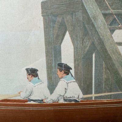 Gravure en couleur représentant des marins et une élégante XIXe