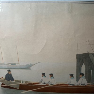 Gravure en couleur représentant des marins et une élégante XIXe