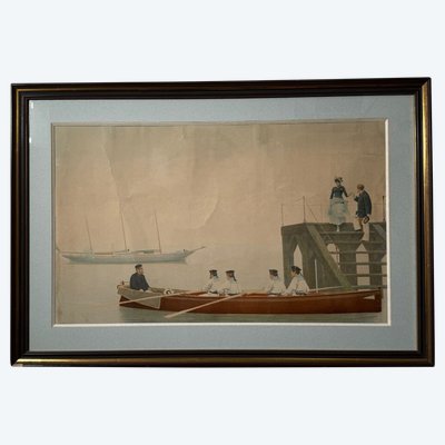 Gravure en couleur représentant des marins et une élégante XIXe