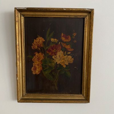 Pair of still lifes, oil on cardboard, late 19th century, bouquets of flowers