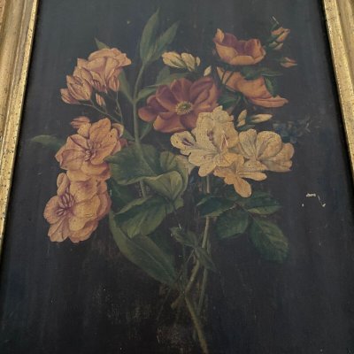 Pair of still lifes, oil on cardboard, late 19th century, bouquets of flowers