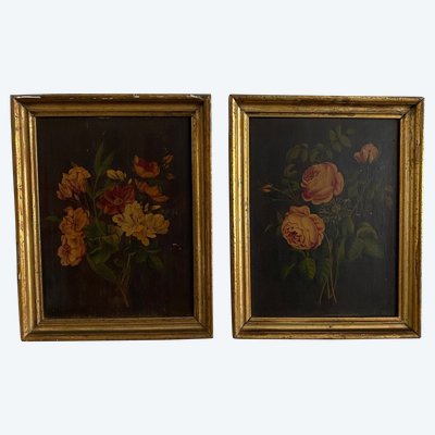 Pair of still lifes, oil on cardboard, late 19th century, bouquets of flowers