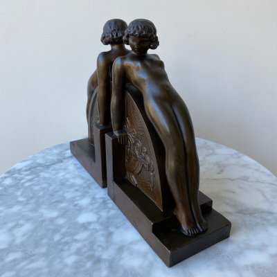 Pair of F. Bazin Albert Buisson Art Deco 1930 bookends in patinated metal