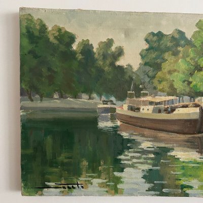 Oil on canvas XXth barge on the banks of the Erdre Nantes