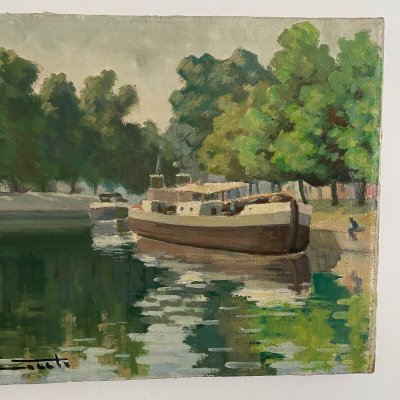 Oil on canvas XXth barge on the banks of the Erdre Nantes