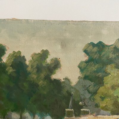 Oil on canvas XXth barge on the banks of the Erdre Nantes