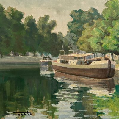 Oil on canvas XXth barge on the banks of the Erdre Nantes