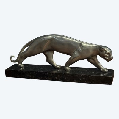 Panthère signée Luc Art Déco bronze argenté sur socle en marbre noir 