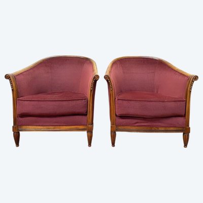 Pair of Art Deco style barrel armchairs