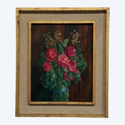 Huile sur bois nature morte bouquet de roses XXe par Mauboussin