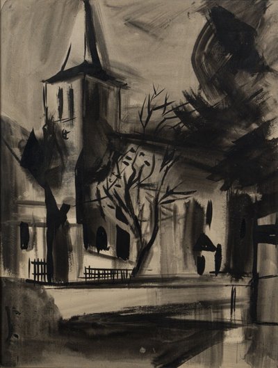 Tinte Kohle auf Papier XX. Landschaft mit Kirche 1950