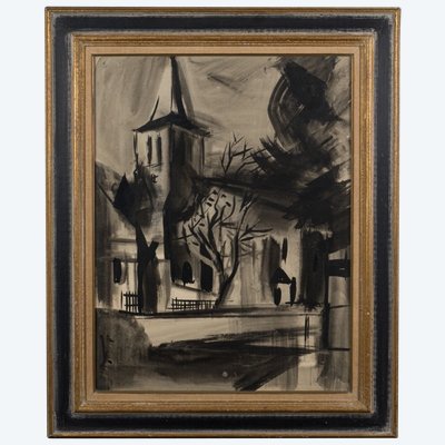 Tinte Kohle auf Papier XX. Landschaft mit Kirche 1950