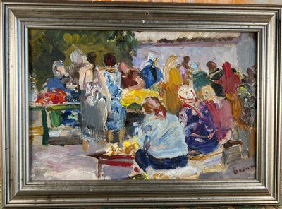 Pittura - Scena di mercato a Murom, 1981 - Olio su isorel firmato Besperstov