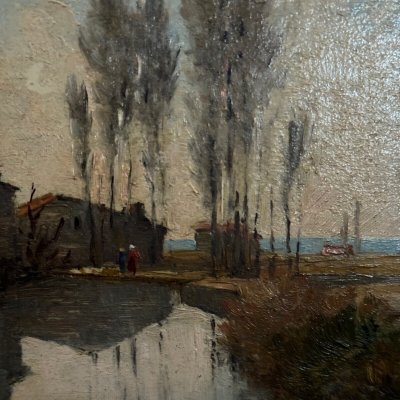 Öl auf Karton von Paul Faugier Landschaft am Flussufer mit Pappeln