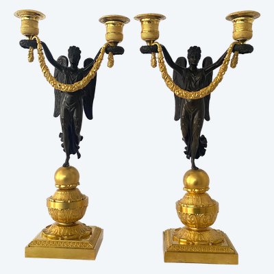 Coppia di candelabri  in bronzo dorato e patinato, epoca Impero