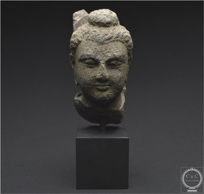 Antica regione del Gandhara, II-IV secolo d.C., testa di Buddha in scisto grigio