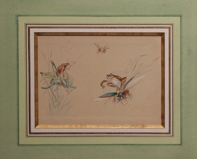 Humoristische Studie 'Frosch und Insekten' signierte Gouache-Zeichnung um 1920