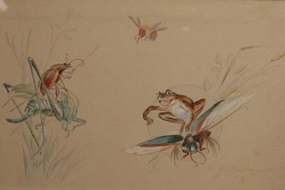 Humoristische Studie 'Frosch und Insekten' signierte Gouache-Zeichnung um 1920