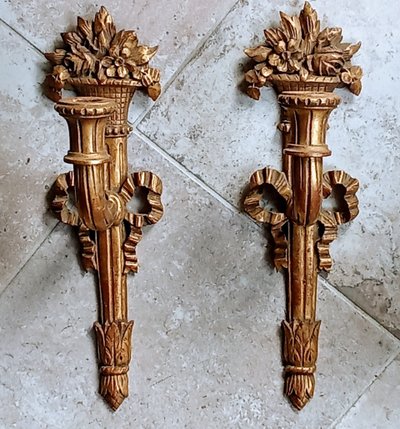 Pair of Louis XVI style gilded wood sconces 19th century