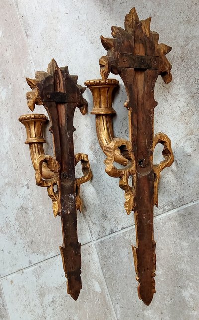 Pair of Louis XVI style gilded wood sconces 19th century