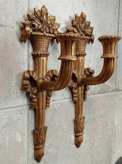 Pair of Louis XVI style gilded wood sconces 19th century