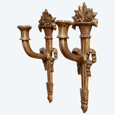 Pair of Louis XVI style gilded wood sconces 19th century