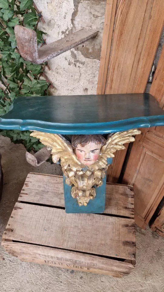 Antique 19th Century Decorative Church Console Table with Cherub Head in Wood, French Origin