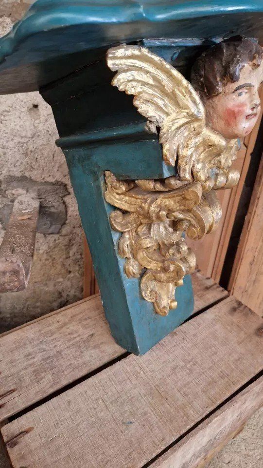 Antique 19th Century Decorative Church Console Table with Cherub Head in Wood, French Origin