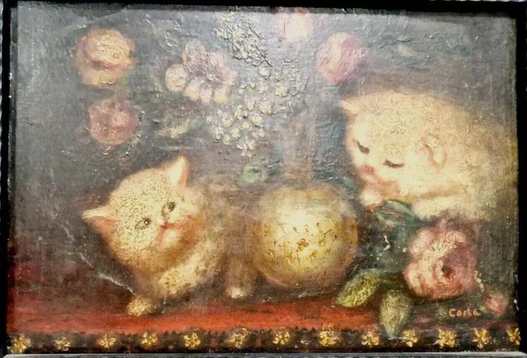 Peinture à l'Huile Chatons XIXe Siècle Signée Costa