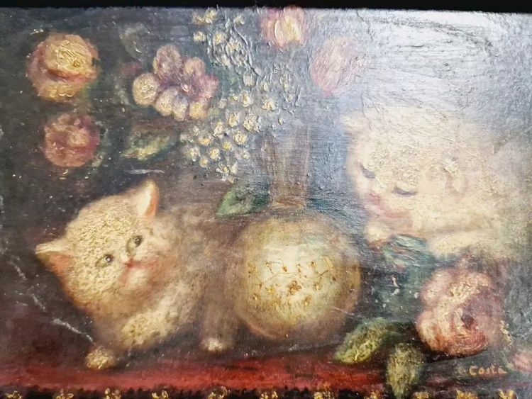 Peinture à l'Huile Chatons XIXe Siècle Signée Costa