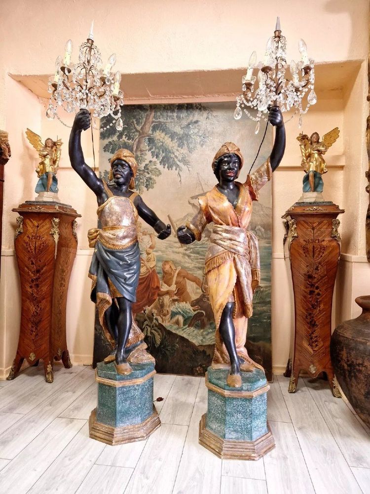 Pair of Moorish Floor Lamps in Italian Polychrome Wood