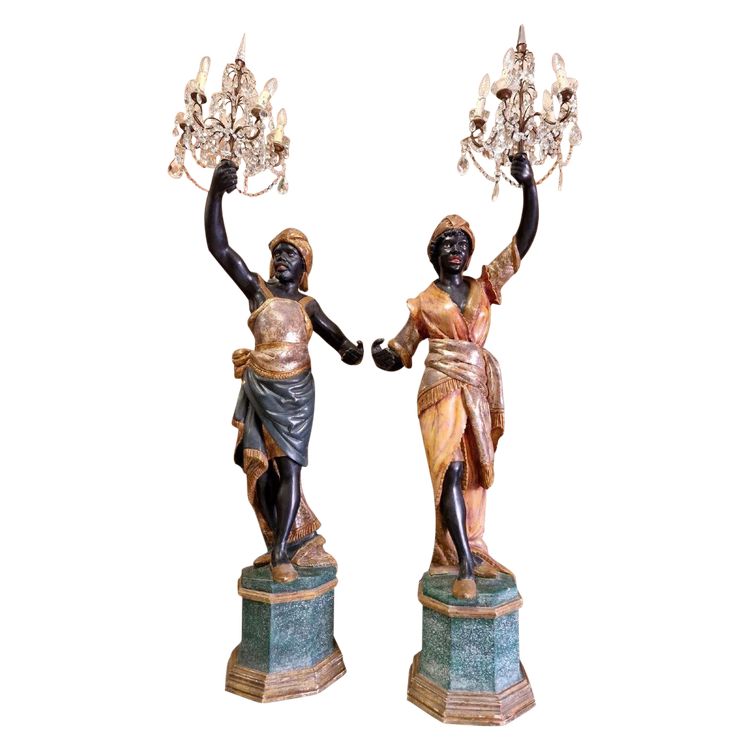 Pair of Moorish Floor Lamps in Italian Polychrome Wood