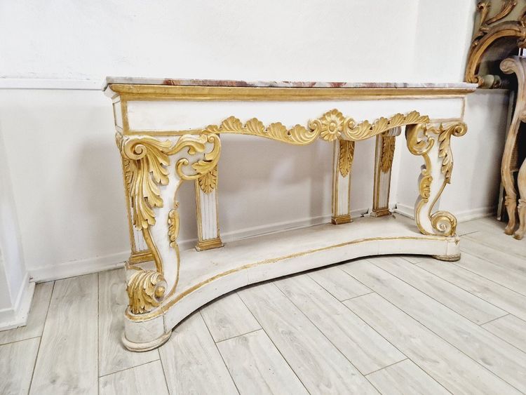 Immense Table Console Baroque Du 19ème Siècle Avec Plateau En Marbre