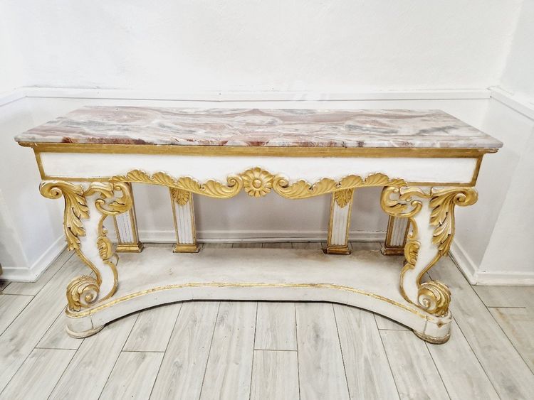 Immense Table Console Baroque Du 19ème Siècle Avec Plateau En Marbre