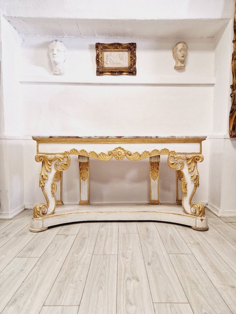 Immense Table Console Baroque Du 19ème Siècle Avec Plateau En Marbre