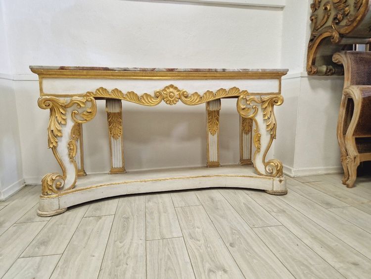 Immense Table Console Baroque Du 19ème Siècle Avec Plateau En Marbre