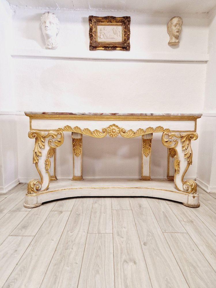 Immense Table Console Baroque Du 19ème Siècle Avec Plateau En Marbre