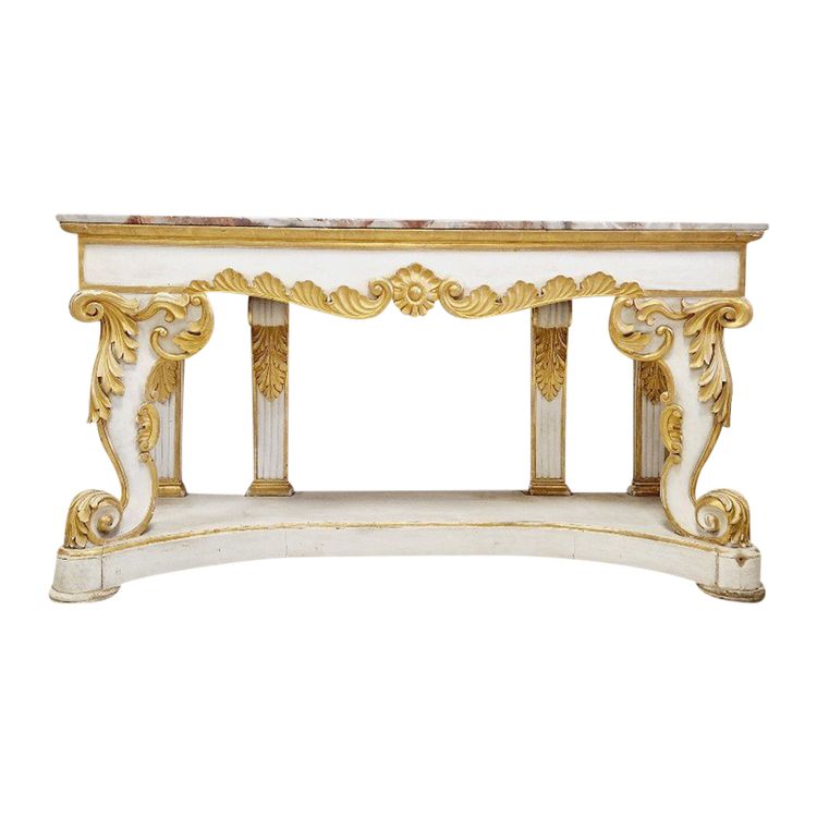 Immense Table Console Baroque Du 19ème Siècle Avec Plateau En Marbre