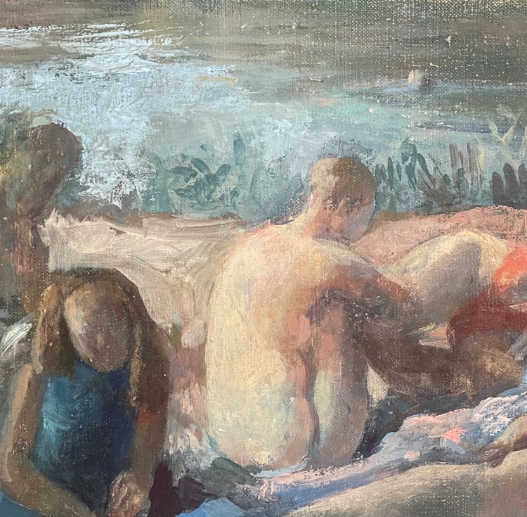 Peinture huile sur toile XXem, baigneuses au bord de la rivière, artiste  femme  Bernadette Kelly