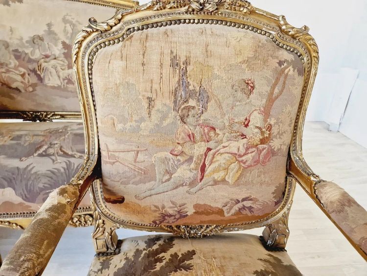 Ensemble De Salon Antique Louis XV Aubusson, Canapé Et Chaises Français