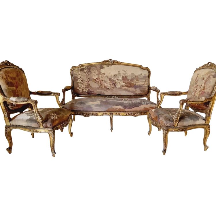 Ensemble De Salon Antique Louis XV Aubusson, Canapé Et Chaises Français